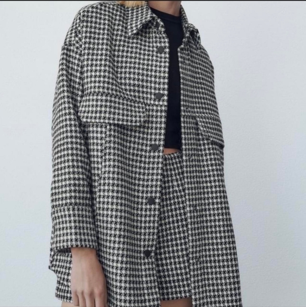Joie Houndstooth Button Down Women's Boho Casual Shacket Black White Size 1X